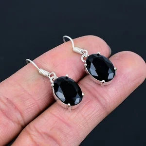Black Spinel Gemstone Handmade 925 Sterling Silver Solitaire Earring 1.4" VJ 337 - Picture 1 of 6