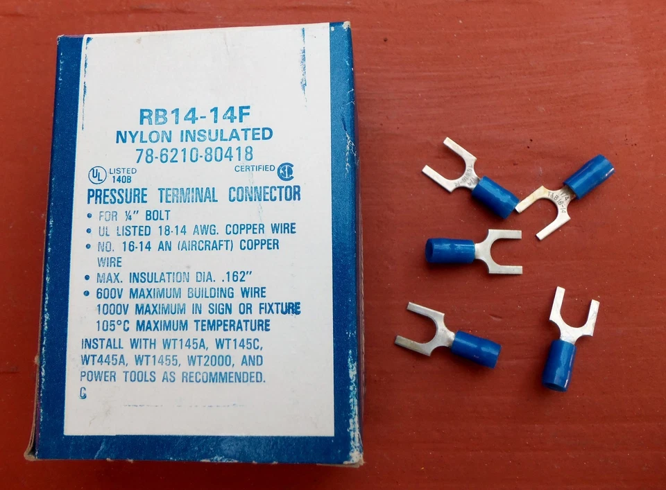 100 Thomas & Betts RB14-14F Sta-Kon Fork Connector 18-14AWG 1/4" Bolt Nylon - Image 1 of 4