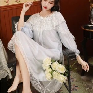 Women Nightdress Lace Ruffle Lolita Princess Nightgown Nightie Long Sleeve Fairy - Picture 1 of 17