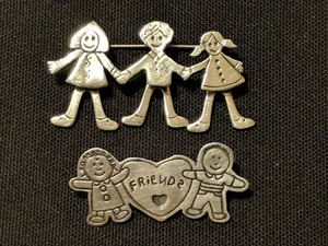Lot of 2 Mexico Save the Children Sterling Silver 925 Brooch Pin Dangle Friends - Picture 1 of 6