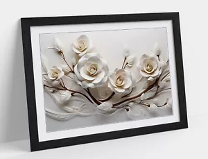 DECORATIVE WHITE ROSES ON A BRANCH -FRAMED WALL ART POSTER PAPER PRINT - Picture 1 of 11