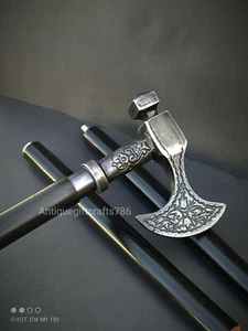 Solid Antique Pewter Axe Walking Stick Wooden Cane Gift Walking Stick Handmade - Picture 1 of 8