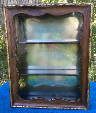 Vintage streak mirrored CURIO SHELF CABINET 11.5” x 14” Decorative bordered door Cover