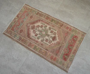 Vintage Distressed Small Area Rug Hand Knotted Oushak Rugs Yastik -1'10"x3'1" - Picture 1 of 4