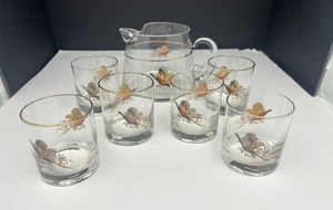Vintage 6 Whiskey Glass Pheasant Image 1 Pitcher Set Of 7 Cocktail Set - Picture 1 of 18