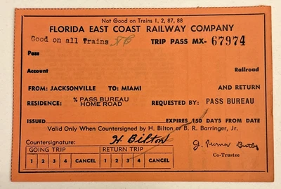 VINTAGE RAILROAD PASS: 1960s FLORIDA EAST COAST RAILWAY CO. - Jacksonville-Miami - Image 1 of 2