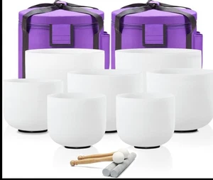 Set 7, 6-12" 432hz Quartz Frost Crystal Singing Bowls w 2 Carry Cases N Strikers - Picture 1 of 4