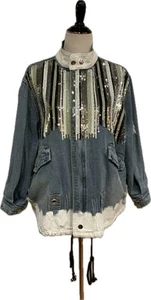 Wren + Glory Jeansjacke handbemalt Pailletten blau, One Size - Bild 1 von 10