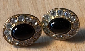 Vintage Ohrringe schwarz facettiert oval Strass goldfarben J23 - Bild 1 von 3