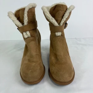 American Eagle Women's 8 Tan Suede Faux Fur Lined Heeled Ankle Boots Cozy Winter - Picture 1 of 11