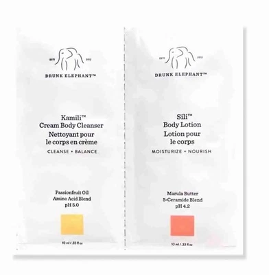 10 Sets of Drunk Elephant Kamili Cream Body Cleanser & Sili Body Lotion Samples - Image 1 of 4