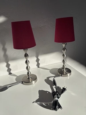 2 IKEA Ekarp 13” Table Lamps Red Line Shade W Brushed Chrome Finish Skeby Shade - Image 1 of 4