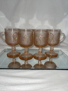 Vintage INDIANA GLASS TIARA Pink/Peach “Sandwich” Glass Footed Goblets Set Of 4 - Picture 1 of 10