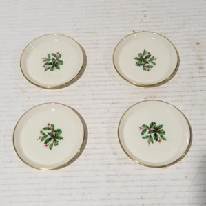 Vtg 4 Lenox Holiday Christmas Coasters Holly 7 Berries in 24K Gold Trim - Picture 1 of 2