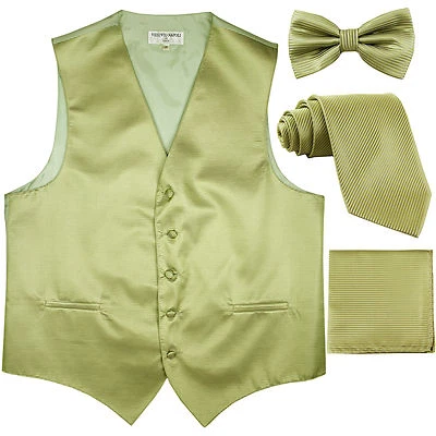 New men's vest waistcoat_bowtie_necktie_hankie horizontal stripes Sage Green - Image 1 of 4