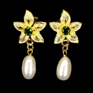 925 Sterling Silver Earrings Round Chrome Diopside Pearl Gemstone Jewelry - Picture 1 of 13