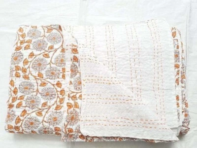 Indian Hand Block Print Gudari king Cotton Kantha Quilt Blanket Handmade Throw - Image 1 of 4