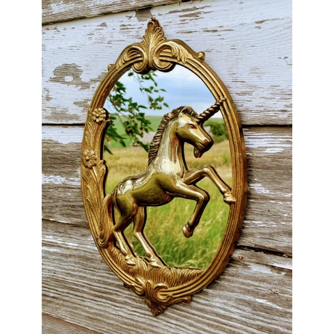 Vintage 1980s Brass Unicorn Wall Mirror Ornate Cover
