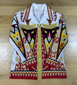 Vintage Disco Shirt Womens Medium 70s Brookvalley Geometric Button-up Red Yellow - Picture 1 of 9