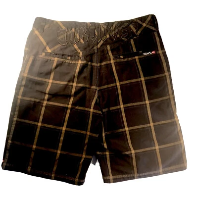 Shorts de tabuleiro masculino vintage Quiksilver tamanho 38 marrom bronzeado xadrez costurado logotipos QS - Imagem 1 de 4