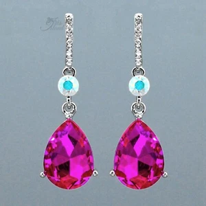 Women Pink Fuchsia Crystal Rhinestone Wedding Teardrop Dangle Earrings Silver 55 - Picture 1 of 4