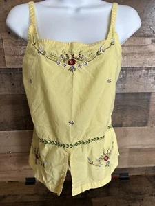 Women Yellow Y2K Floral Sleeveless Tie-Back Top XL Boho Embroidered - Picture 1 of 7