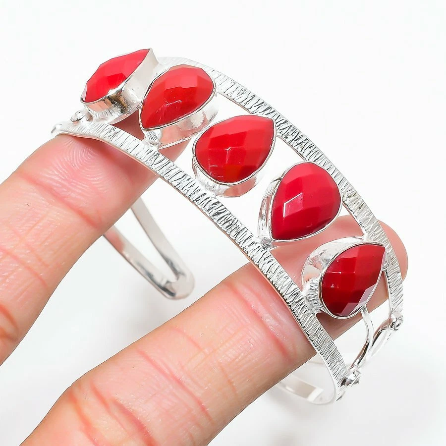 Brazalete italiano de joyería de plata de ley 925 hecho a mano con piedras preciosas de coral rojo talla 7-8 Foto 1 de 1