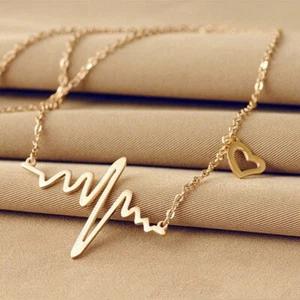 Gold Heartbeat ECG, EKG with Heart Charm Necklace, Gift for Nurse, Doctor - Picture 1 of 4