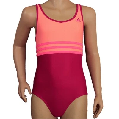 Adidas Youth One-Piece 3 Stripes Badeanzug orange rot Mädchen Schwimmanzug NEU