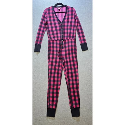Pijama feminino Victoria s Secret tamanho S malha waffle preto rosa xadrez peça única - Imagem 1 de 4