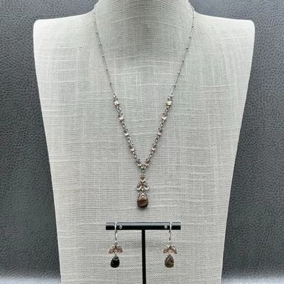 Avon ювелирный набор ожерелье серьги Demi Parure центральный коричневый золотой овальный камни - Изображение 1 из 4