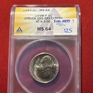 1998 p jefferson nickel Off Center ANACS Ms 64 - Picture 1 of 18