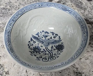 Oriental Blue & White Handmade Porcelain Bowl w/ Phoenix & Dragon Motifs - Picture 1 of 6