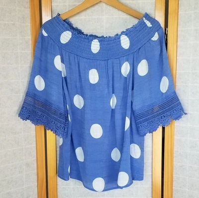 Blusa Top Azul Lunares Fuera del Hombro Tela Gauzy Arrugada Talla Grande Foto 1 de 4