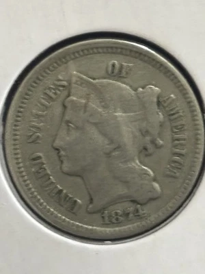 1874 Three Cent Nickel, Choice Very Fine or Better, Original      1215-07 - Image 1 of 2