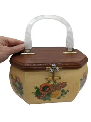 Vtg Decoupage Octagon Box Purse Lucite Handle Floral Mirror Refinished Lid Yello - Image 1 of 4