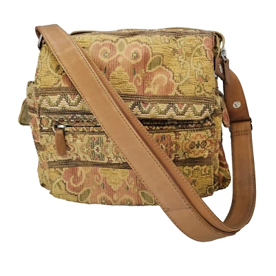 Hermoso Bolso Bandolera Fossil Vintage 8953 Tostado Floral Tapiz y Cuero Boho Foto 1 de 4