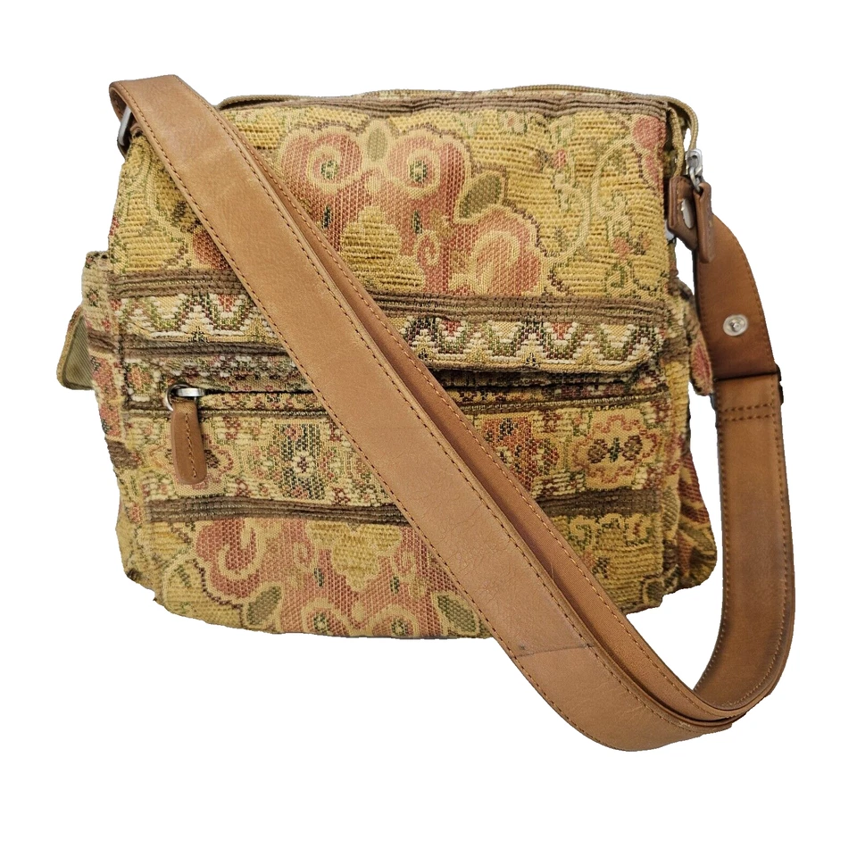 Hermoso Bolso Bandolera Fossil Vintage 8953 Tostado Floral Tapiz y Cuero Boho Foto 1 de 4