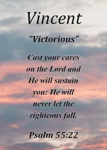 Vincent "Victorious" Keepsake Name Meaning Card with Bible Verse - Picture 1 of 1