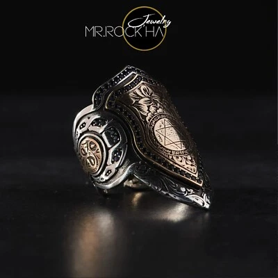 Selo de Salomão, motivo de gravação floral, esculpido à mão, anel de polegar masculino de prata 925 K - Imagem 1 de 4