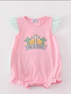 Girl's Boutique Easter Pink He Is Risen Applique Embroidered Embroidery Bubble R - Picture 1 of 9