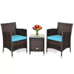3 PCS Rattan Conversation Patio Set Outdoor Cushioned Wicker Chairs Coffee Table - Picture 1 of 14