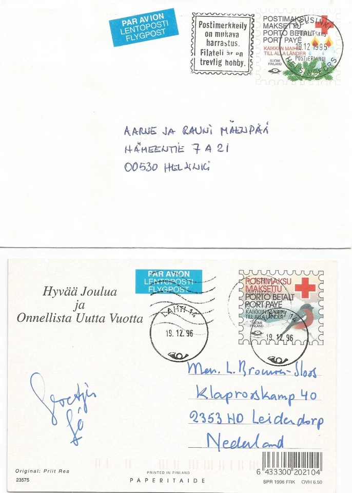 ESTADO POSTAL FINLANDIA.: 2 dif. Artículos de la Cruz Roja (PC, Env.)/1995-1996/ USADO Foto 1 de 1
