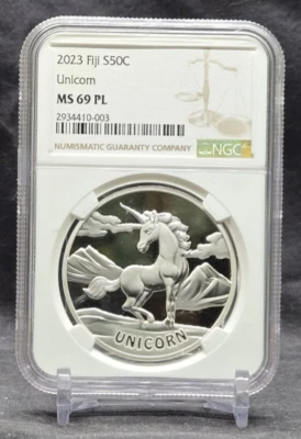 2023 FIJI 50 CENT - UNICORN - NGC MS69 PL  - 1 OZ .999 SILVER COIN - PROOF LIKE - Image 1 of 4