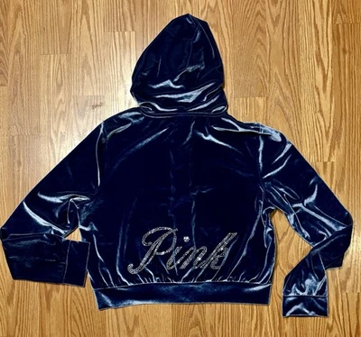 Victoria's Secret PINK VELOUR SHINE BLING LOGO FULL-ZIP CROP HOODIE XL - Image 1 of 4