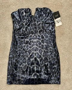 Neu mit Etikett Zara Pailletten Korsett Leopardenmuster trägerloses Minikleid, Größe M - Bild 1 von 7
