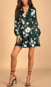 Lulu’s So Splendid Dark Green Floral Satin Sleeve Wrap Dress Size Lg Vacation - Picture 1 of 15