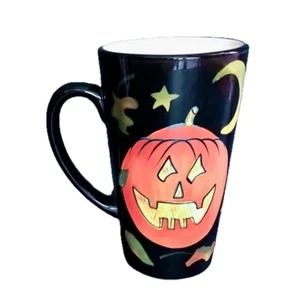 Susan Winget Pumpkin Jack O Lantern Tall Coffee Mug Cup Black Orange Spooky Fun - Picture 1 of 8