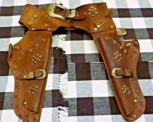 Vintage Doppelkappe Pistole Leder Holster Schmuck geprägt Spielzeug Gürtel Longhorn Schnalle - Bild 1 von 11
