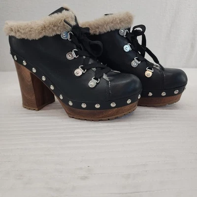Guess Women's Black Lace Up Platform Studded Clog Mule Heel Faux Fur Trim 7.5M - Image 1 of 4
